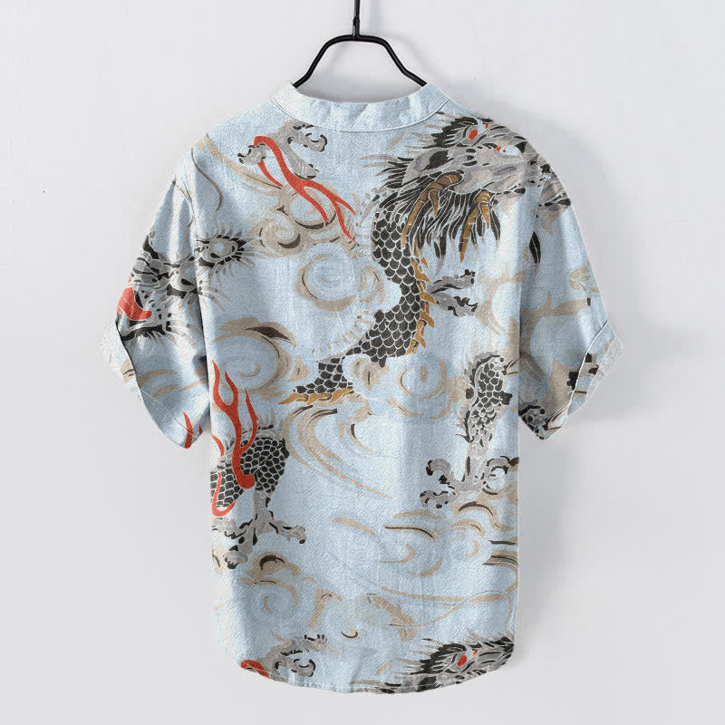 Buddha Stones Cotton Dragon Print Henley Men's Short Sleeve Half Button Shirt