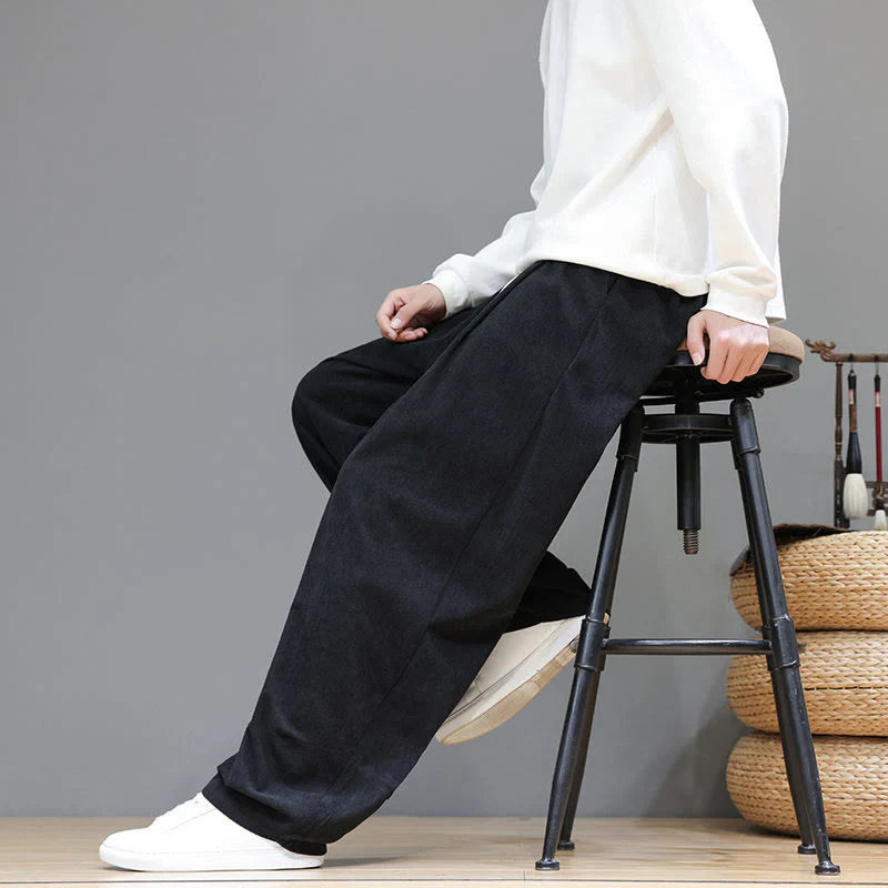 Buddha Stones Plain Color Pure Cotton Corduroy Men's Harem Pants With Pockets
