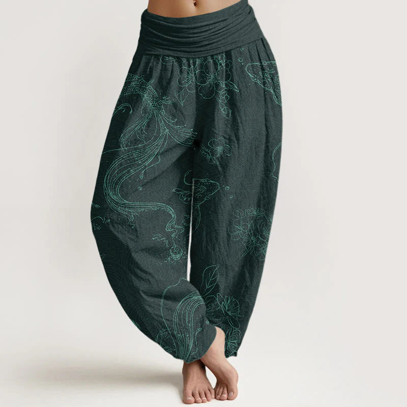 Buddha Stones Cotton Koi Fish Floral Pattern Women's Elastic Waist Harem Pants