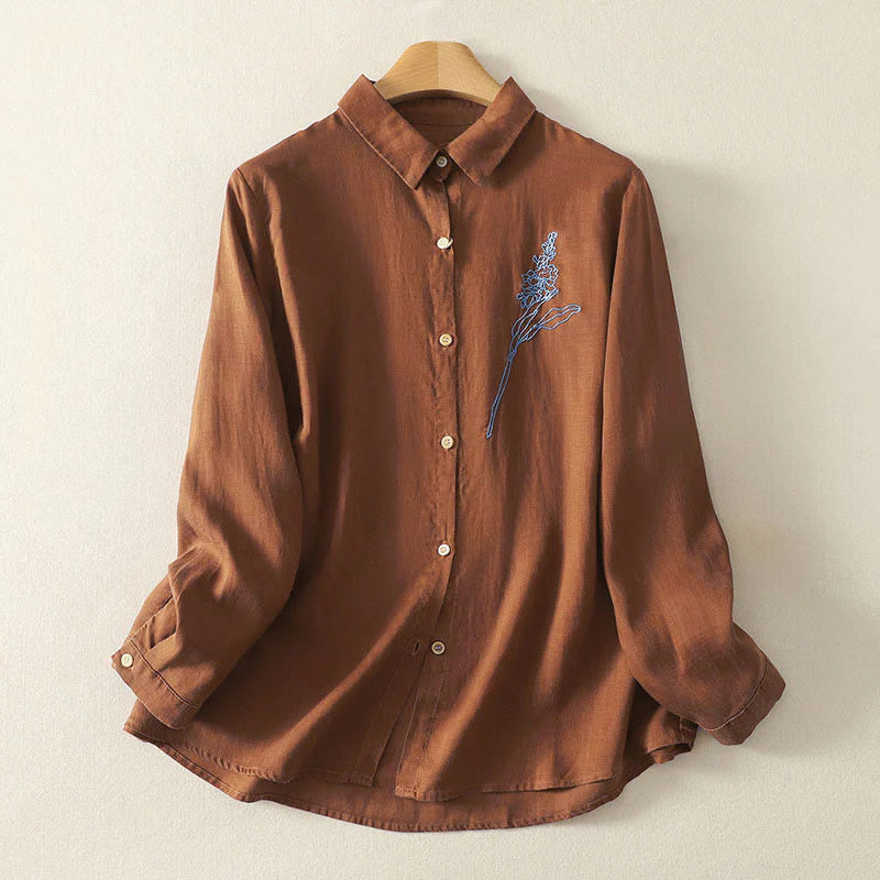 Buddha Stones Spring Embroidered Flower Long Sleeve Women's Buttons Shirt