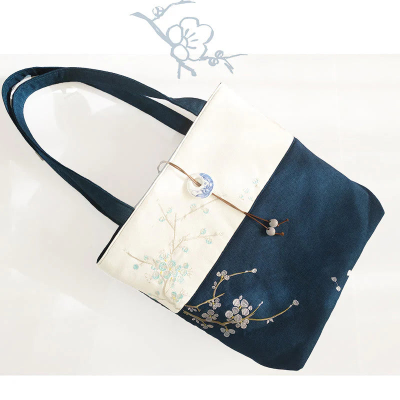 Buddha Stones Pear Flower Plum Peach Blossom Bamboo Embroidery Canvas Large Capacity Shoulder Bag Tote Bag