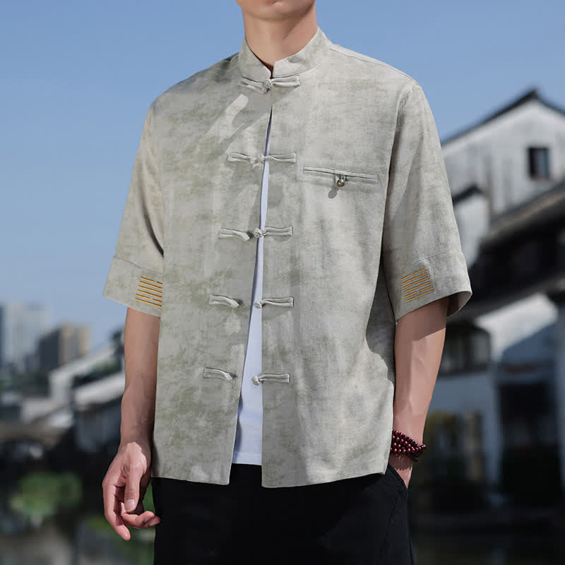 Buddha Stones Frog-Button Mottled Pattern Embroidery Short Sleeve Tang Suit Men's Linen Shirt