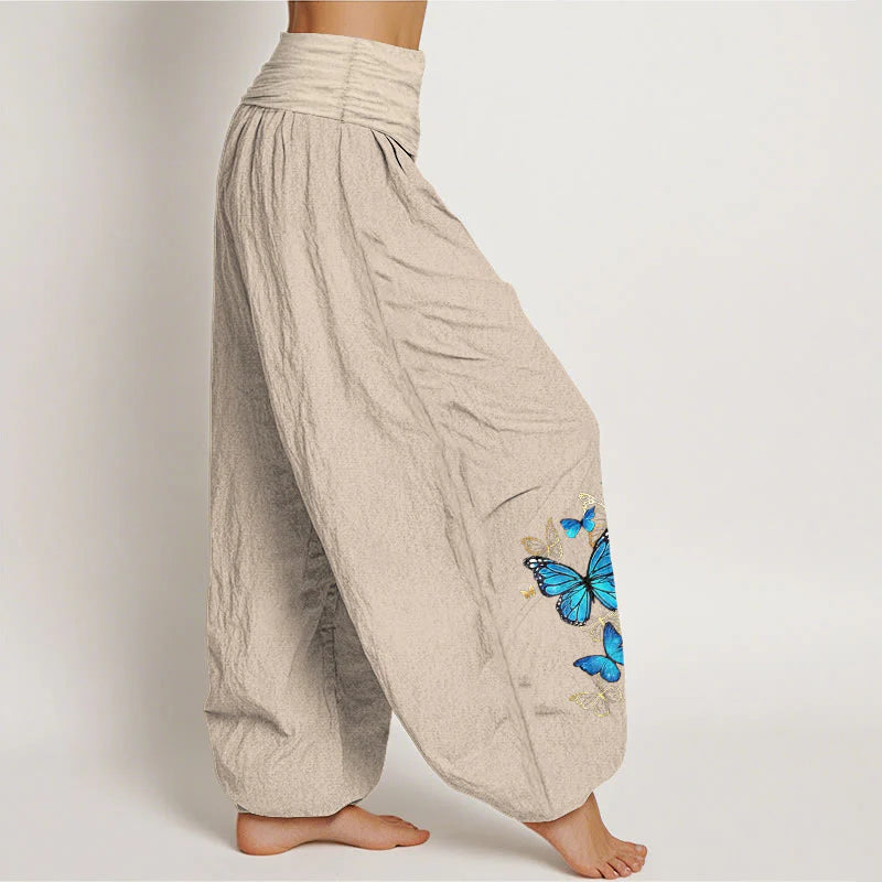 Buddha Stones Cotton Butterfly Pattern Women's Elastic Waist Harem Pants