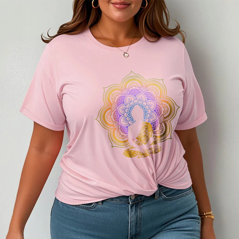 Buddha Stones Multicolor Mandala Flower Seated Buddha Pattern Tee T-shirt
