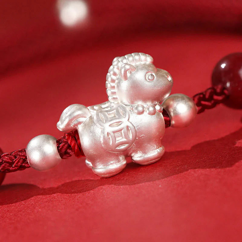 Buddha Stones 999 Sterling Silver Red Agate Year Of The Horse Prosperity String Bracelet