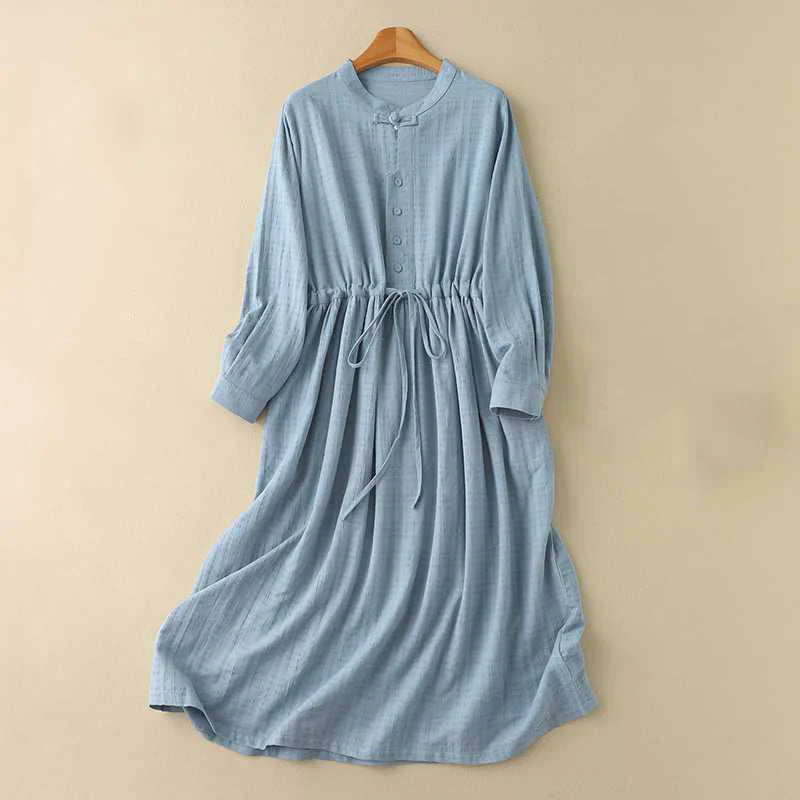 Buddha Stones Retro Solid Color Drawstring Frog-Button Design Long Sleeve Cotton Linen Midi Dress With Pockets