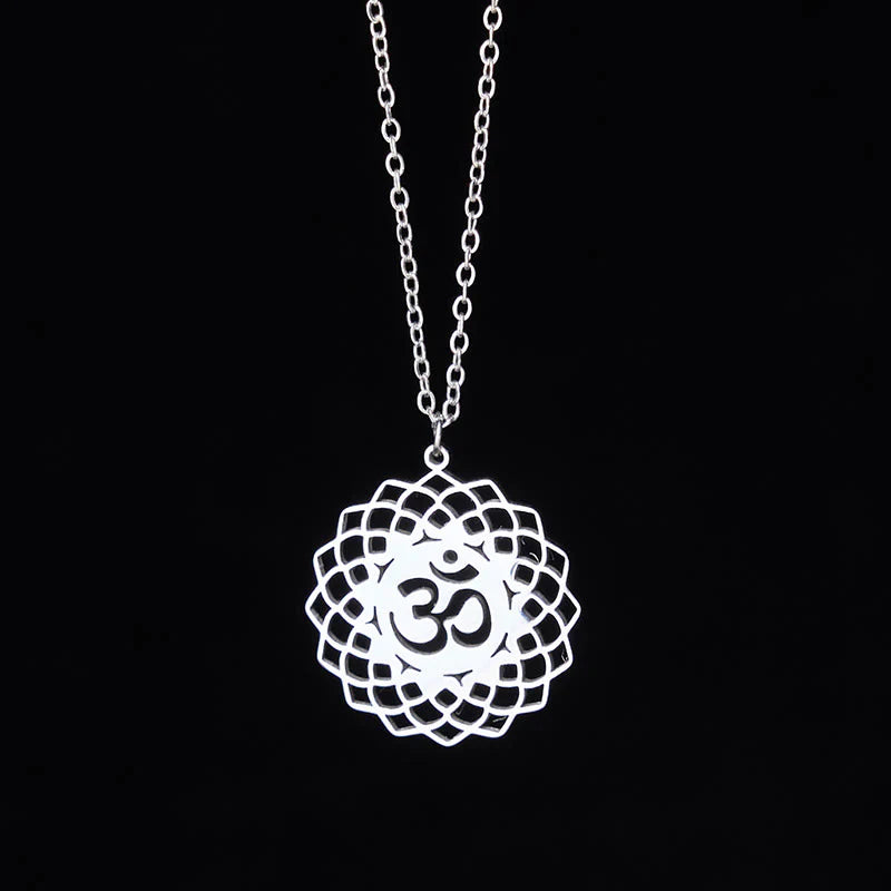 Buddha Stones Hollow Lotus Design Om Symbol Stainless Steel Connection Necklace Pendant