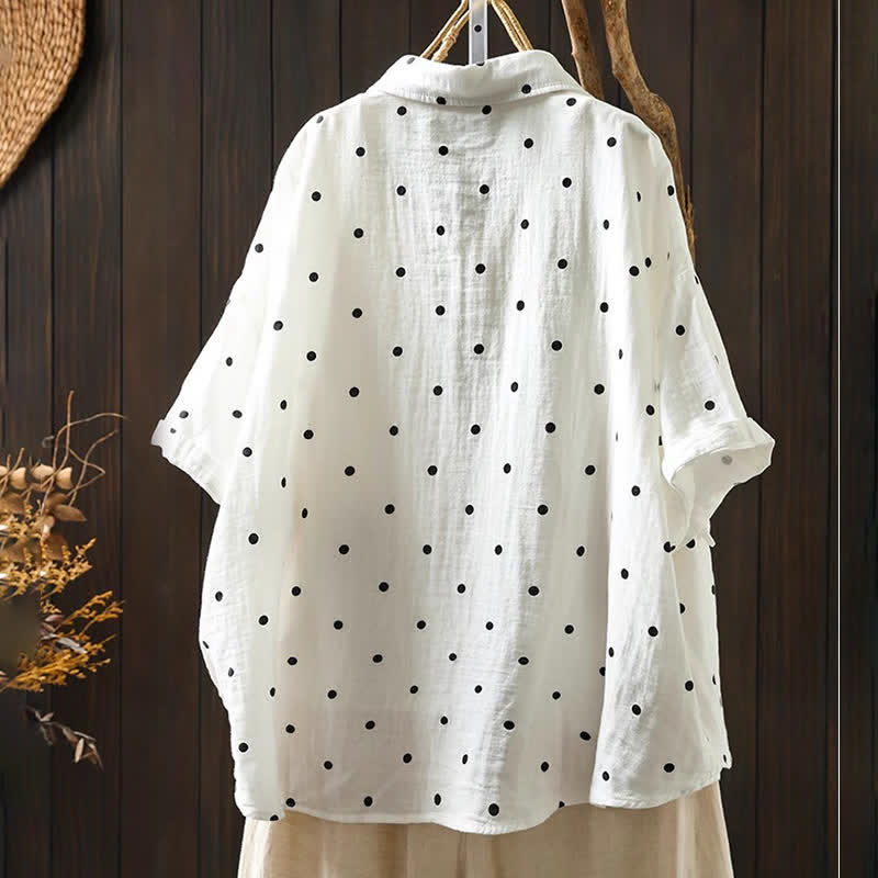 Buddha Stones Women's Commute Short Sleeve Polka Dot Lapel Cotton Shirt With Pockets