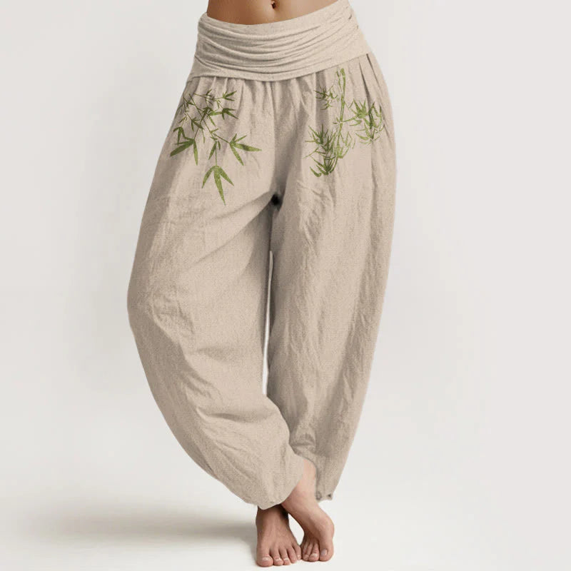 Buddha Stones Pure Cotton Minimalist Style Bamboo Leaf Pattern Women's Elastic Waist Harem Pants