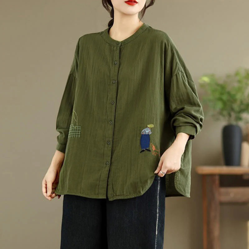 Buddha Stones Fall Embroidery Human Figure Dog Pattern Round Neck Buttons Women's Long Sleeve Shirt