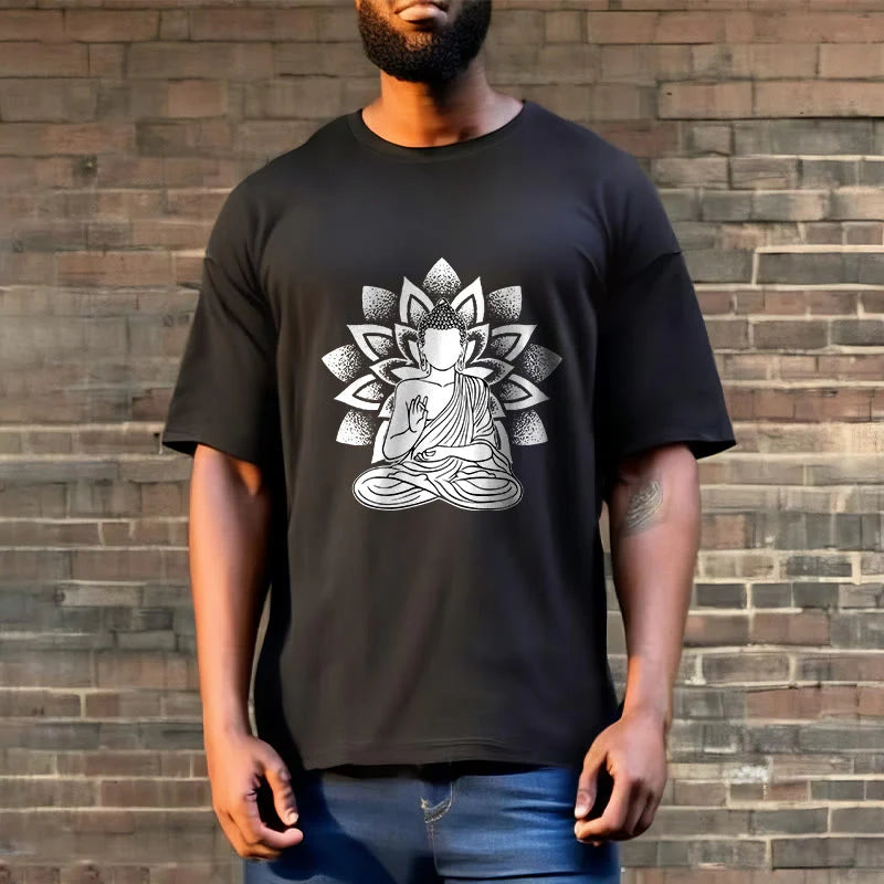 Buddha Stones Seated Buddha Lotus Flower Pattern Tee T-shirt