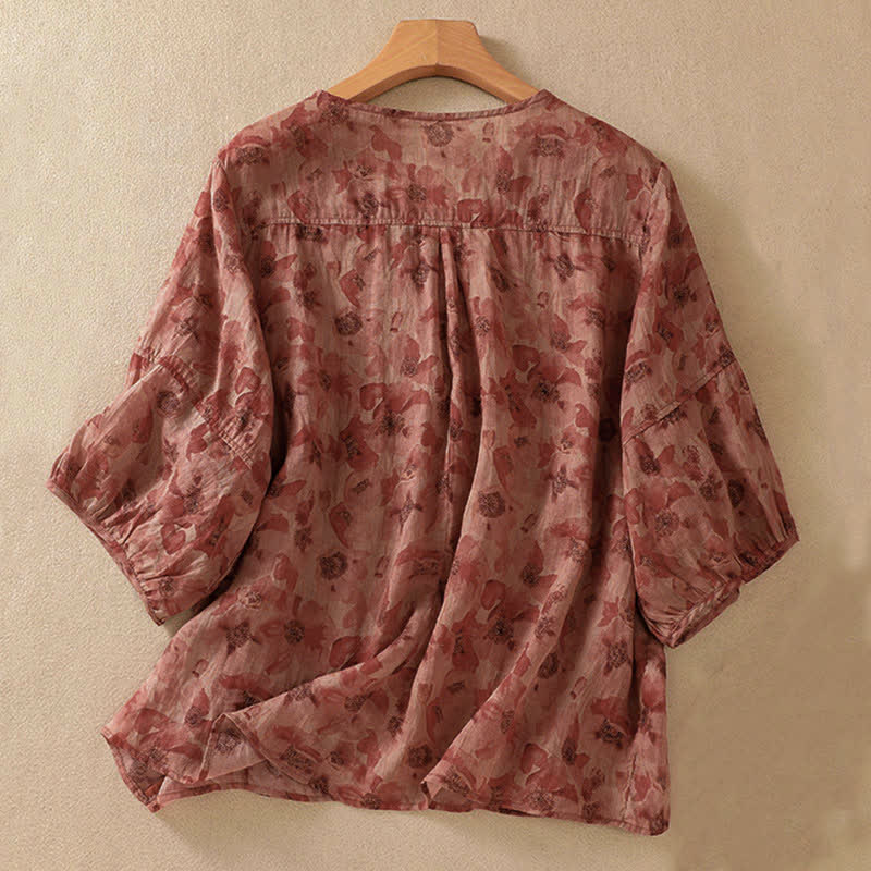 Buddha Stones Commute Floral Crew Neck Pleated Design Puff Short Sleeve Women's T-Shirt