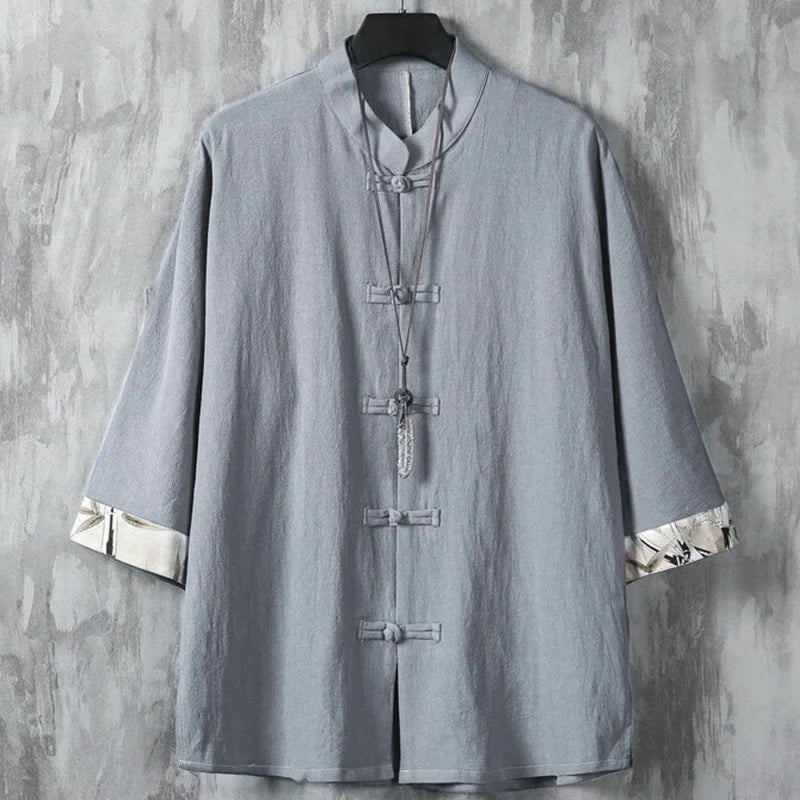 Buddha Stones Summer Frog-button Patchwork Half Sleeve Design Cotton Linen Men's Shirt Jacket