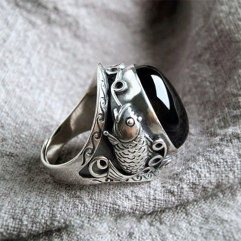 FREE Today: Transformation Strength Black Obsidian Koi Fish Symbol Adjustable Ring