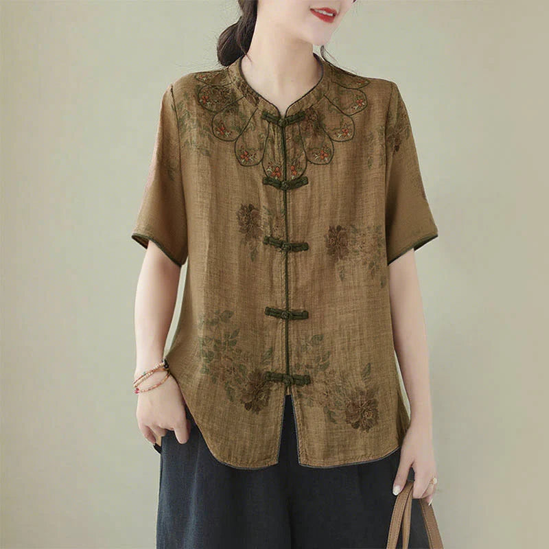 Buddha Stones Purple Flower Print Frog-Button Design Shirt