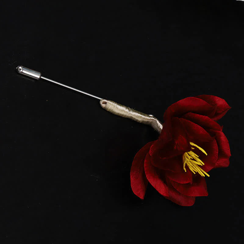Buddha Stones Cultural Heritage Handcrafted Silk Art Red Camellia Blessing Sincerity Brooch