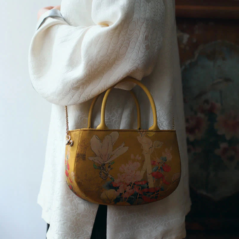 Buddha Stones Vintage Flower Peony Metal Chain Zipper Handbag Crossbody Bag Shoulder Bag