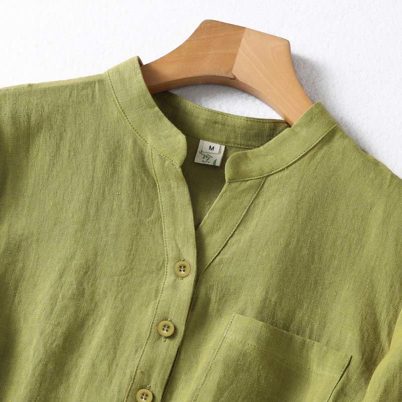 Buddha Stones Spring Dark Khaki Stand Collar Half Buttons Design Women's Long Sleeve Shirt