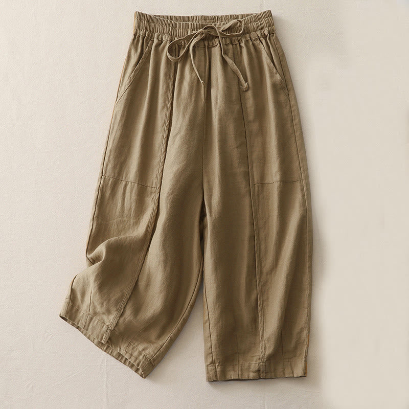 Buddha Stones Casual Plain Solid Color Patchwork Women's Polyester 7-8 Length Wide Leg Pants With Pockets
