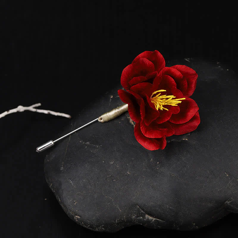 Buddha Stones Cultural Heritage Handcrafted Silk Art Red Camellia Blessing Sincerity Brooch