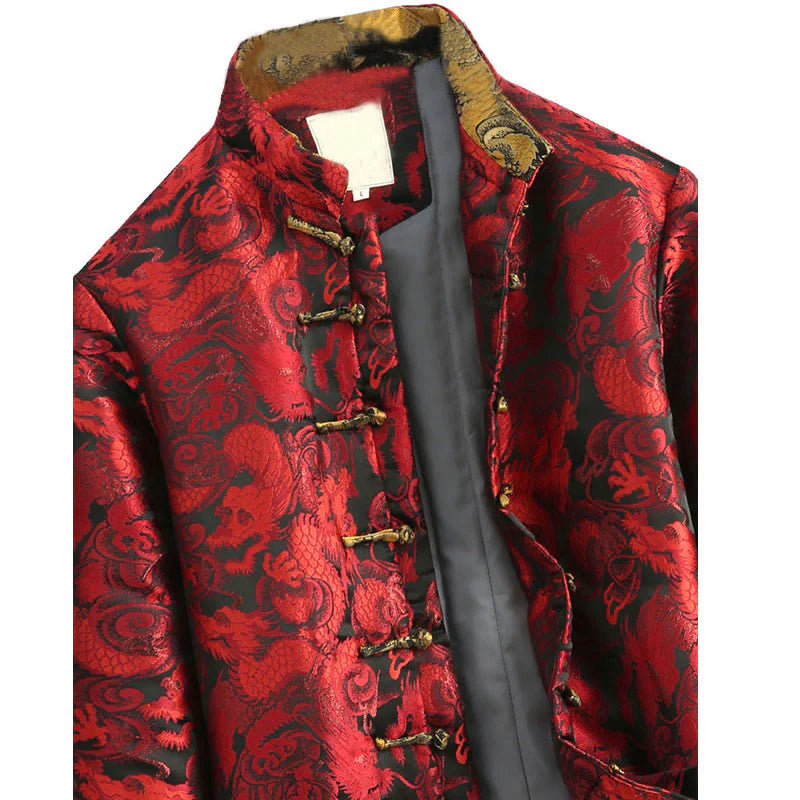 Buddha Stones Winter Dragon Jacquard Warm Frog-Button Long Sleeve Men's Jacket With Pockets