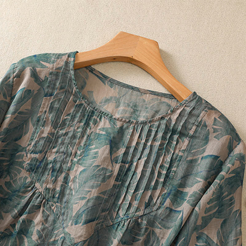 Buddha Stones Commute Floral Crew Neck Pleated Design Puff Short Sleeve Women's T-Shirt