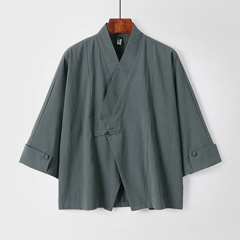 Buddha Stones Plain One Chinese Frog-Button Jacket Cotton Linen Men's Half Sleeve Kimono