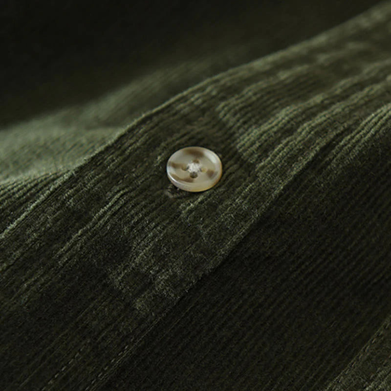 Buddha Stones Fall Decorative Pocket Buttons Down Stand Collar Long Sleeve Men's Cotton Corduroy Shirt