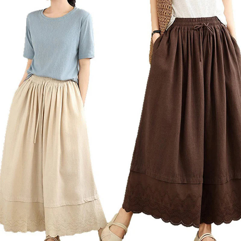 Buddha Stones Spring Embroidery Lace Hem Patchwork Drawstring Design Women's Wide Leg Cotton Pants With Pockets