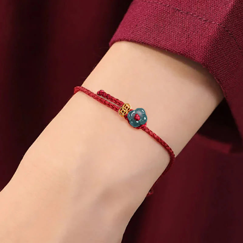 Buddha Stones Jade Flower Luck Copper Coin Red String Bracelet