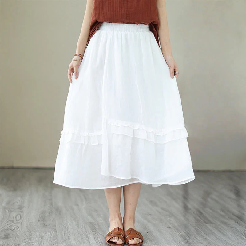 Buddha Stones Vintage Artistic Pure Color Ruffled Design Irregular Women's Cotton Linen Skirt