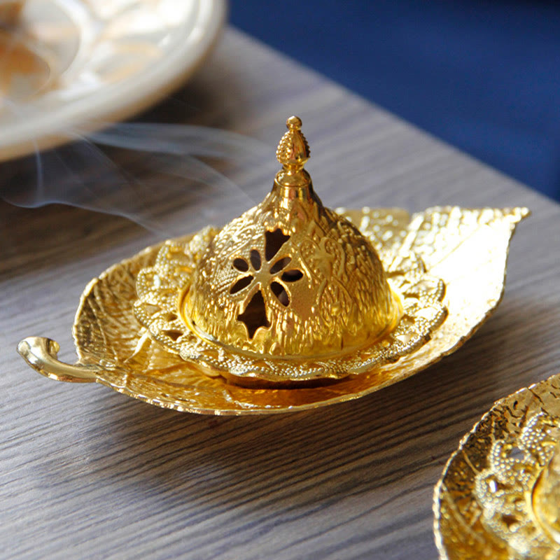 Buddha Stones Tibetan Gold Mini Leaf Coaster Meditation Incense Burner