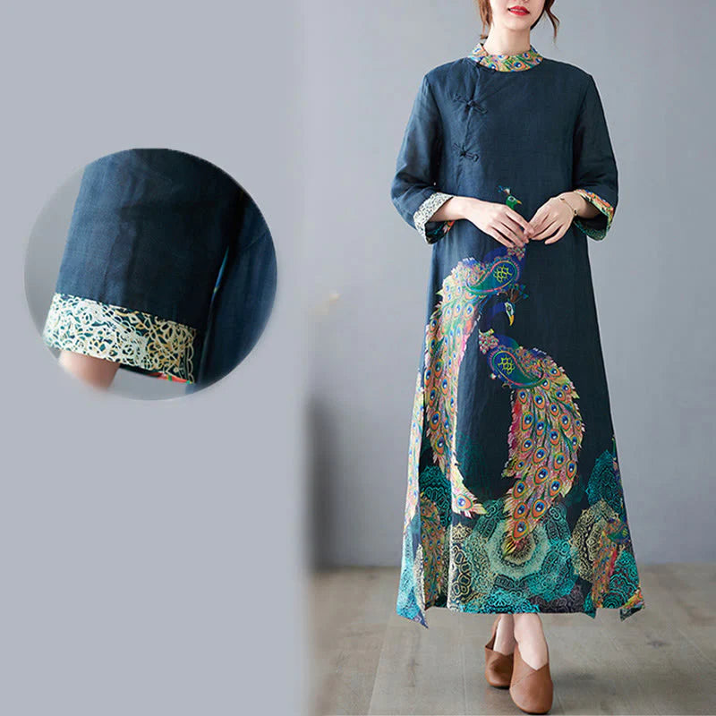 Buddha Stones Fall Colorful Peacocks Mandala Frog-Button Three Quarter Sleeve Cotton Women's Midi Dress