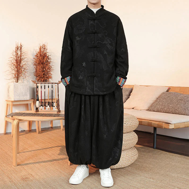 Buddha Stones 2Pcs Fall Winter Men's Tang Suit Dragon Frog-Button Cotton Long Sleeve Jacket Pants Set