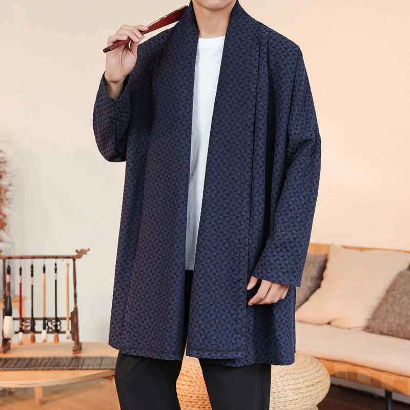 Buddha Stones Winter Jacquard Simple Design Men's Cotton Long Sleeve Kimono