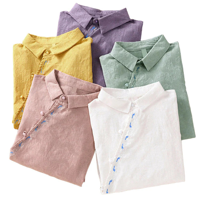 Buddha Stones Fall Embroidery Asymmetrical Design Frog-Button Women's Cotton Long Sleeve Shirt