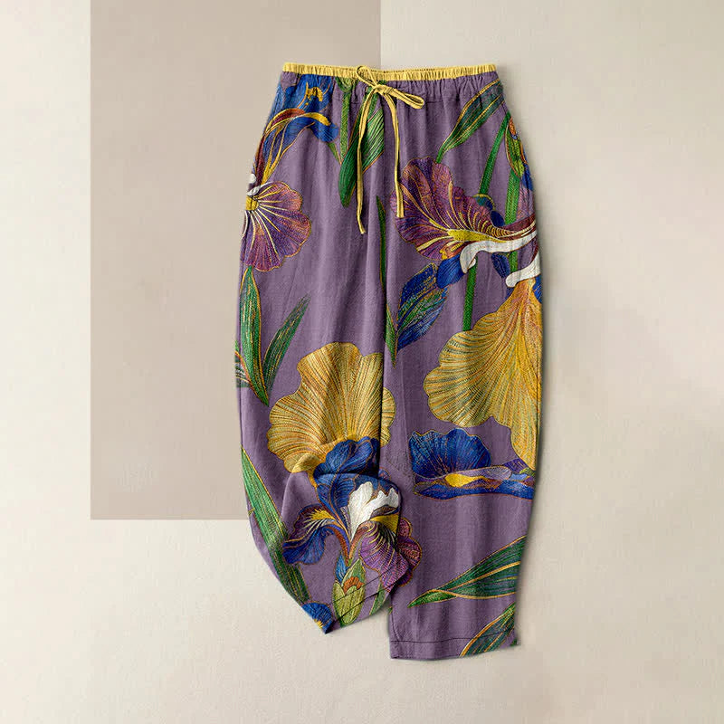 Buddha Stones Cotton Colorful Iris Floral Elastic Waist Drawstring Women's Pants With Pockets