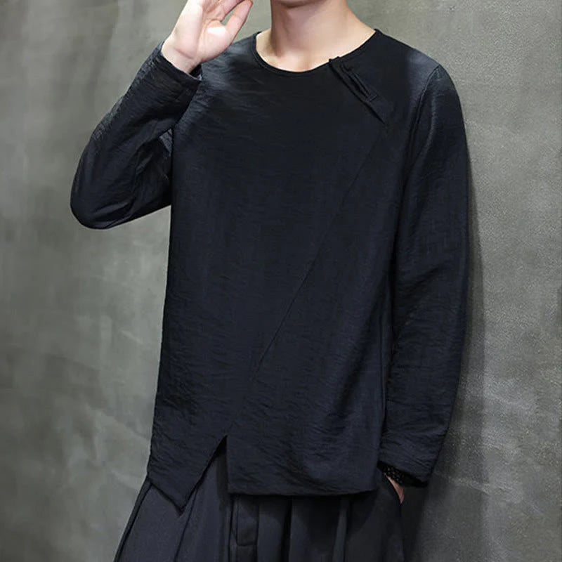 Buddha Stones Solid Color Loose Long Sleeve Round Neck Men's Shirts