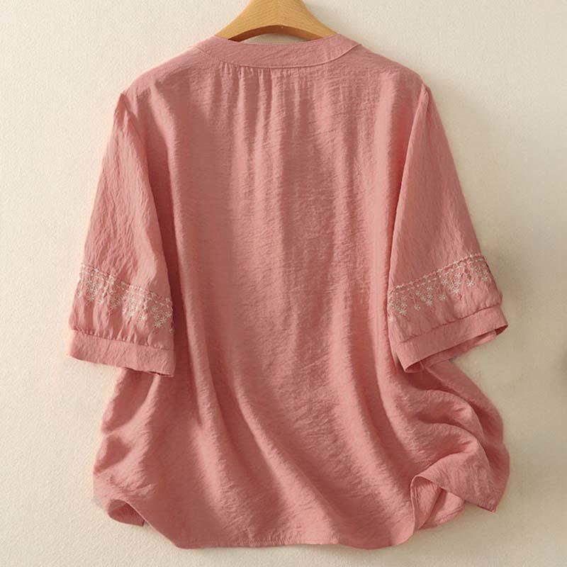 Buddha Stones Spring Embroidered Cotton Half Buttons Women's Short Sleeve Shirt