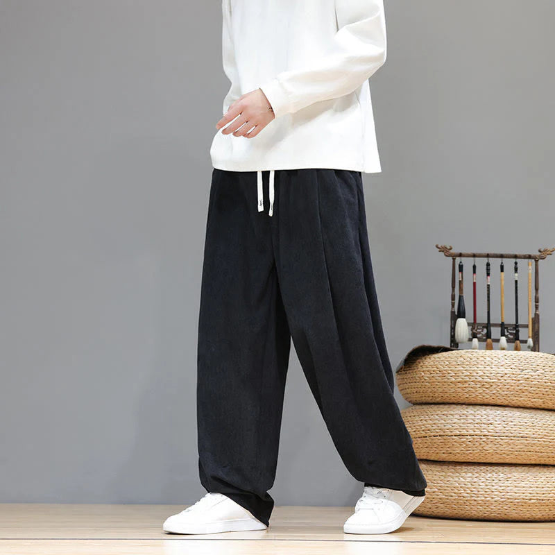 Buddha Stones Plain Color Pure Cotton Corduroy Men's Harem Pants With Pockets