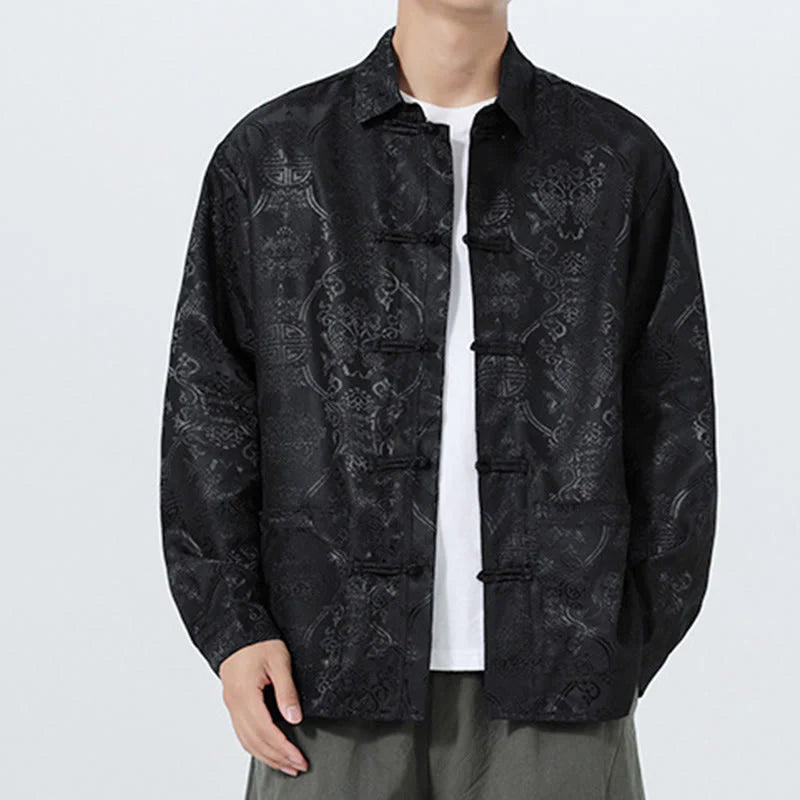 Buddha Stones Spring Jacquard Lapel Long Sleeve Men's Tang Suit Frog-Button Jacket With Pockets
