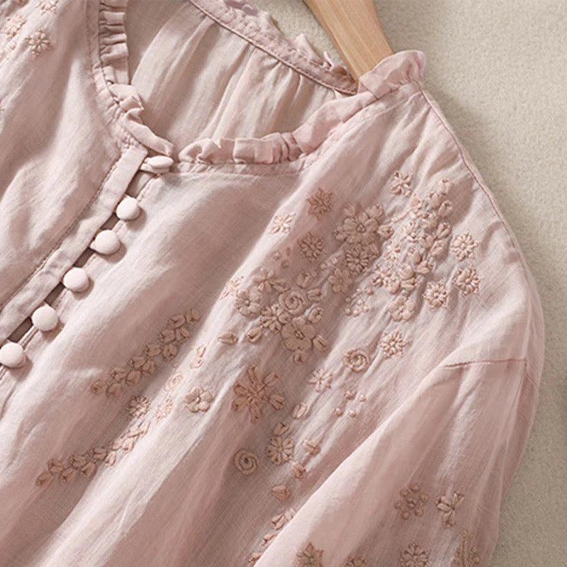 Buddha Stones Casual Plain Button Floral Embroidered Design Puff Half Sleeve Women's Shirt