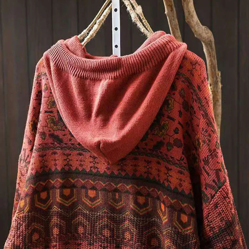 Buddha Stones Fall Striped Geometric Flowers Cotton Women's Long Sleeve Pullover Knitted Hoodie