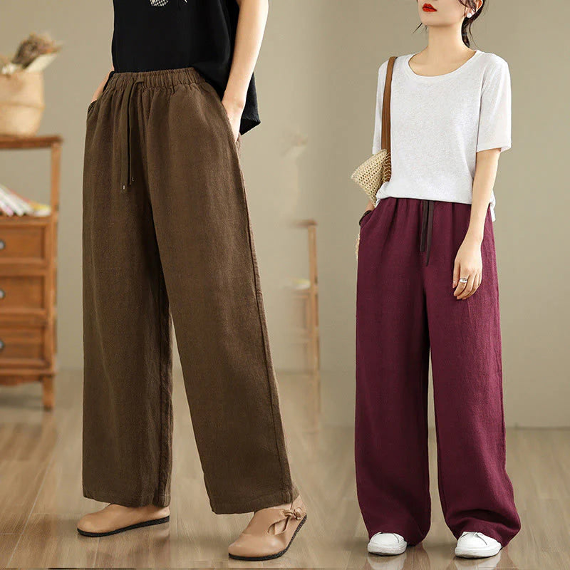 Buddha Stones Commute Retro Solid Color Women's Harem Drawstring Cotton Pants With Pockets