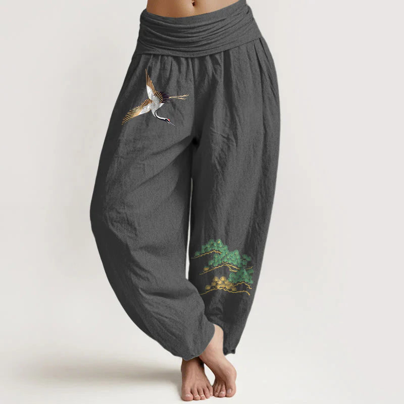 Buddha Stones Women's Pure Cotton Crane Pine Tree Pattern Elastic Waist Harem Pants