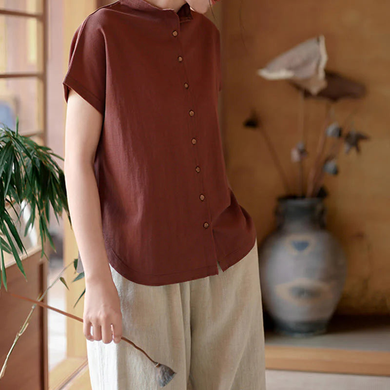 Buddha Stones Vintage Buttons Design Stand Collar Cotton Short Sleeve Women's Shirt