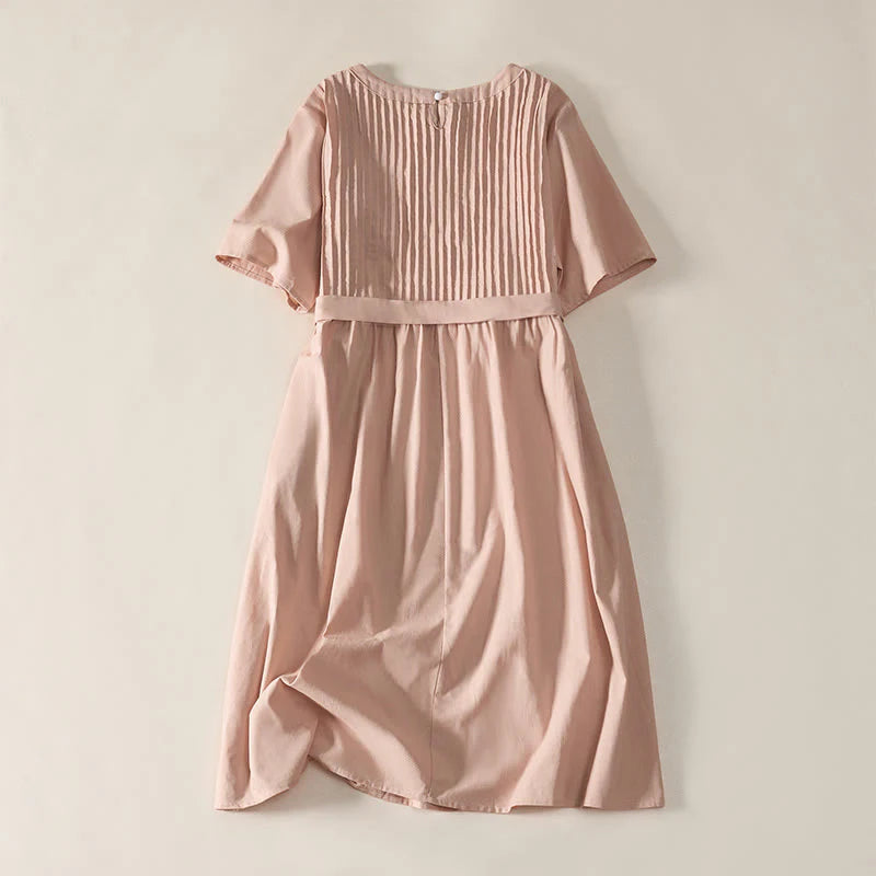 Buddha Stones Summer Pintuck A Line Knee Length Women's Short Sleeve Dress With Tie Waist Bow