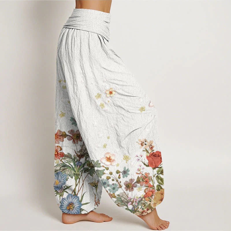 Buddha Stones Cotton Various Flowers Pattern Women's Elastic Waist Harem Pants