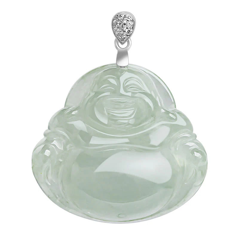 Buddha Stones Natural Jade Laughing Buddha Prosperity Abundance Titanium Steel Chain Necklace Pendant