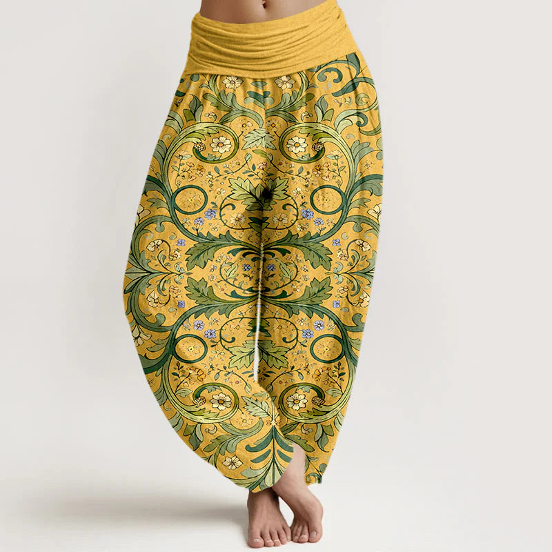 Buddha Stones Pure Cotton Layered Leaves Vines Flowers Pattern Women's Elastic Waist Harem Pants